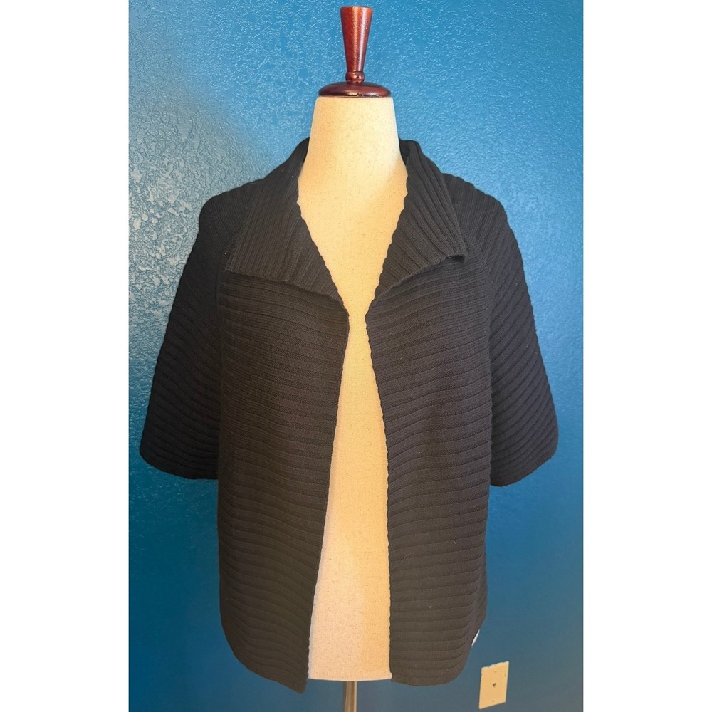Talbots Petites Medium Black 100% Merino Wool Ribbed Open Front Cardigan Sweater